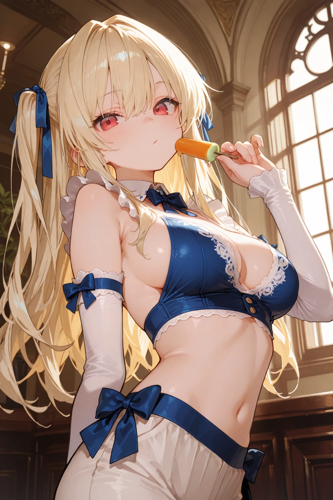Best quality, transparent underwear, transparent panties, blonde maid, schoolgirl, stroking the chest with one hand, touching panties with one hand, opening the mouth, blonde, double ponytail, white stockings, spitting out tongue drooling, mucus, sweat, two hands open panties, open mouth, expression enjoyment, close-up of the soles of the feet, feet, masterpiece, legs open, legs forked, split top, take off pants, thong, beautiful, maid, lie down, there is a popsicle in the panties