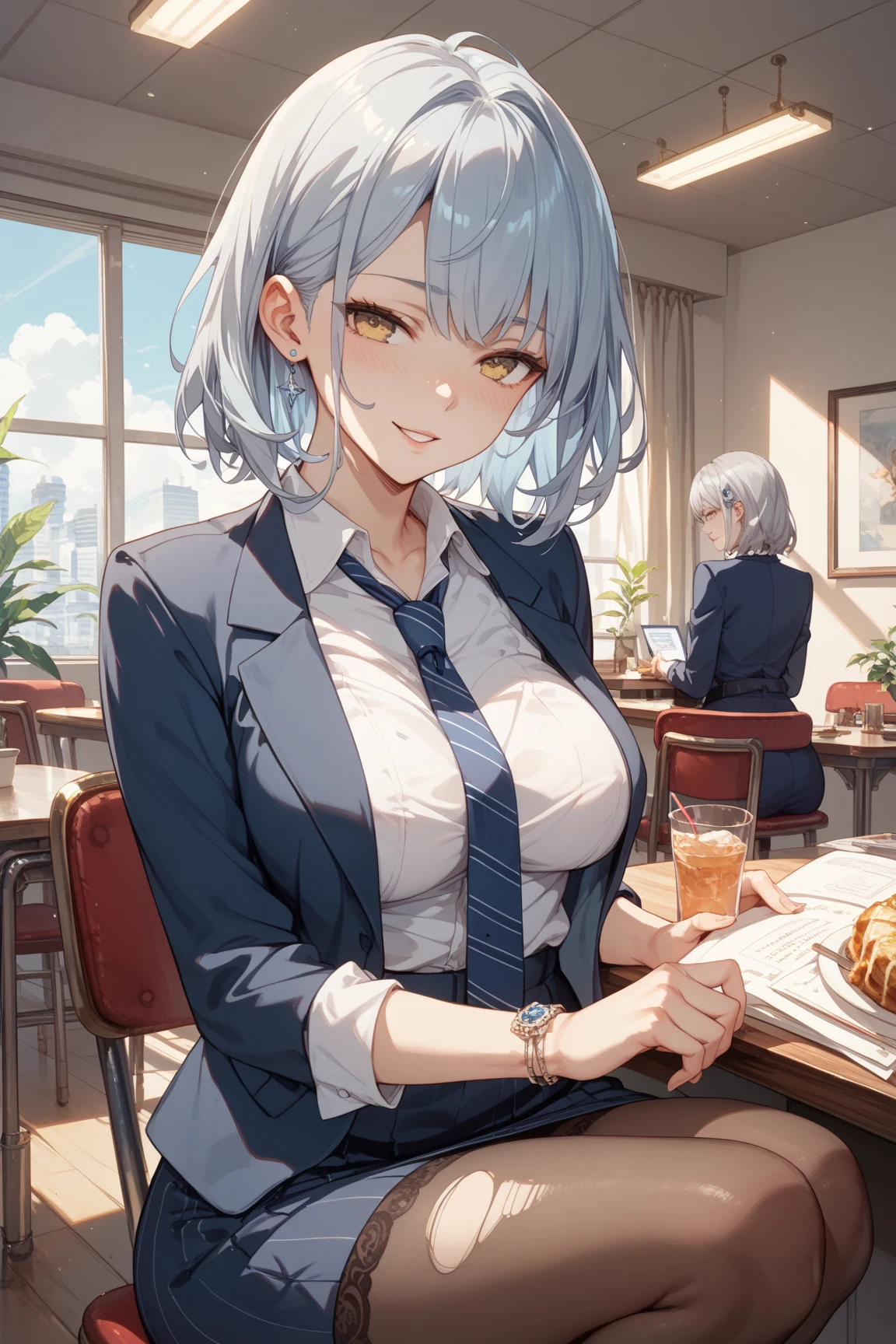 (8K, Best Quality, Masterpiece:1.3)), Ultra High Resolution, (1 Girl, 1 Person), (Color Changing Eyes, Super Detailed, Expressive Sparkle, Sparkling, Glowing Eyes), Highly Detailed Eyes, Highly Detailed Face, Random Hair, (Silver Grey Color), "Woman Wearing an Open-necked Blazer". The background is a bustling cafe in the city with a window seat and a view of the street. The cafe's warm lighting and wooden interior create a cozy atmosphere. The woman is captured from an angle above and has silvery bob-cut hair.

She is wearing a dark blue blazer with a wide open neckline. The V-shaped cut of the blazer accentuates her chest, and a simple pink bra is visible underneath. The lace of the bra is slightly visible, and the fabric of the blazer fits her body. The skirt of her uniform is above her knees, and the front of the blazer appears to be slightly open.

She is wearing a relaxed smile with a slight blush on her face. Her figure blends in perfectly with the warm atmosphere of the cafe, and the lighting in the background adds a soft glow to the whole image.