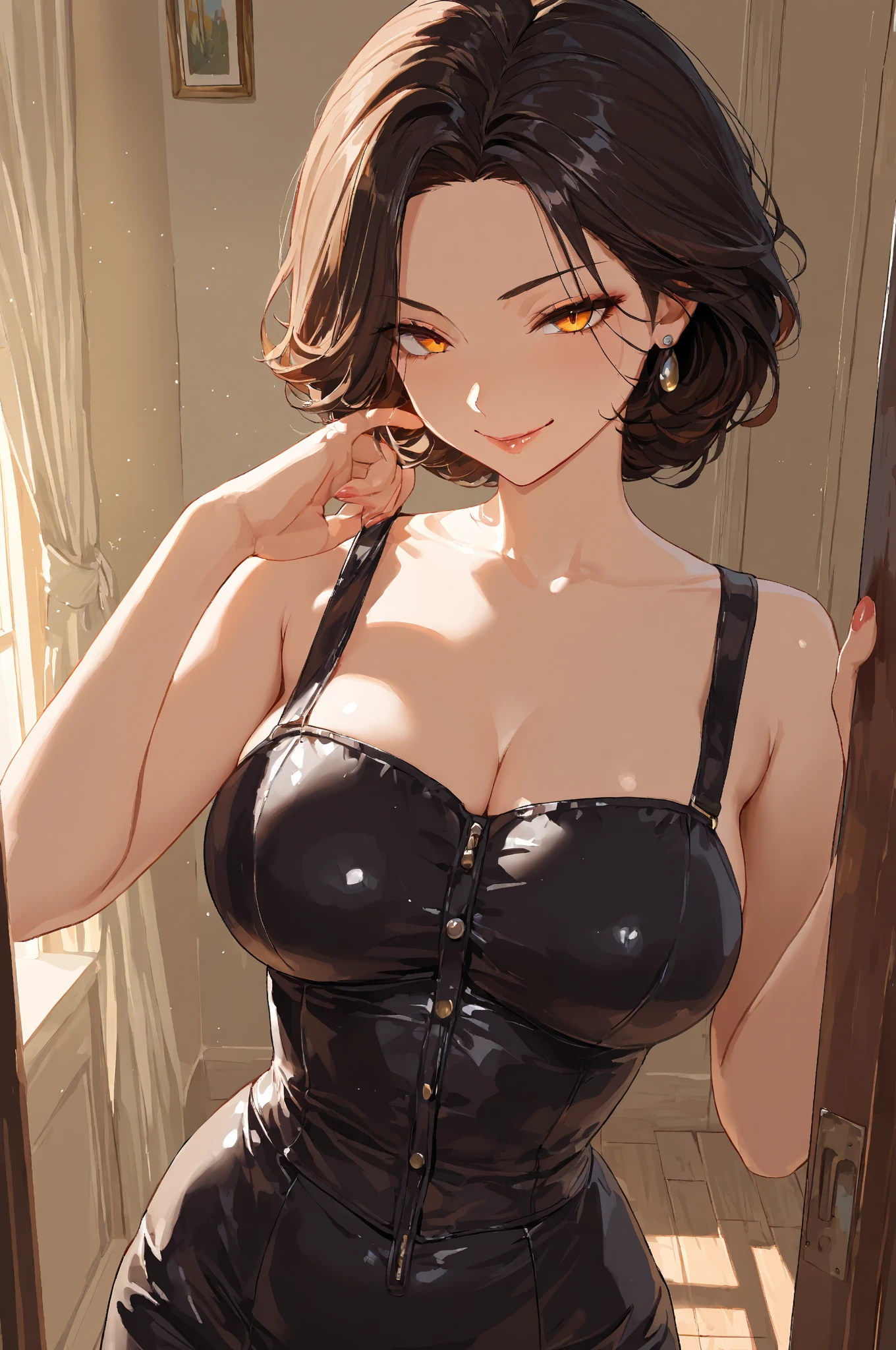 ((Realistic Light, Highest quality, 8k, Tabletop: 1.3)), 1 girl, Slim body beauty: 1.4, Brown Hair, (((Extra Large: 1.3)), Cut and sew tops: 1.3, Highly detailed face, Beautiful Eyes, double eyelid, My Room, smile, Saggy breasts, (((beauty of Saggy breasts))