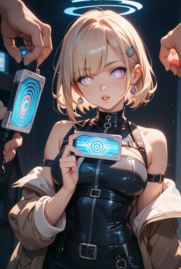 ((Best quality)), ((masterpiece)), (detailed:1.4), 3D, an image of a beautiful cyberpunk female, Yandere , Yandere Face , Trance , Trance Eyes , yameroyandere , constricted pupils , yandere ,
empty eyes . shaded face , crazy eyes , glowing blue eyes , crazy smile ,  long bread blond hair, smile, black and white Nun hat, Big chest, Big thigh, High thigh black knee sock, full view of girl, battlefield background, black combat boot, red necktie, black glove, black combat suit, black jacket, black cloak, black panty, ammo belt, HDR (High Dynamic Range),Ray Tracing,NVIDIA RTX,Super-Resolution,Unreal 5,Subsurface scattering,PBR Texturing,Post-processing,Anisotropic Filtering,Depth-of-field,Maximum clarity and sharpness,Multi-layered textures,Albedo and Specular maps,Surface shading,Accurate simulation of light-material interaction,Perfect proportions,Octane Render,Two-tone lighting,Wide aperture,Low ISO,White balance,Rule of thirds,8K RAW,
