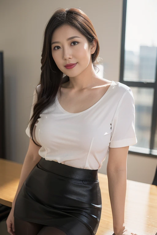 1 girl, Chaterine Ichikawa, a middle-aged woman with a plump figure, turns 56 this year. Dressed in a police suit and a knee-length skirt, she exudes an aura of authority and beauty in this portrait. Her long, messy hair frames her face, adding to her charming appearance. Sweat beads on her forehead, hinting at the hectic nature of her work in the messy office behind her. Her upwards gaze and expressive, half-open upper eyes engage with the viewer, inviting them into her world. This intriguing mix of a Japan native and gravure Idol wears tight clothes that reveal a hint of her Semen Liquid.