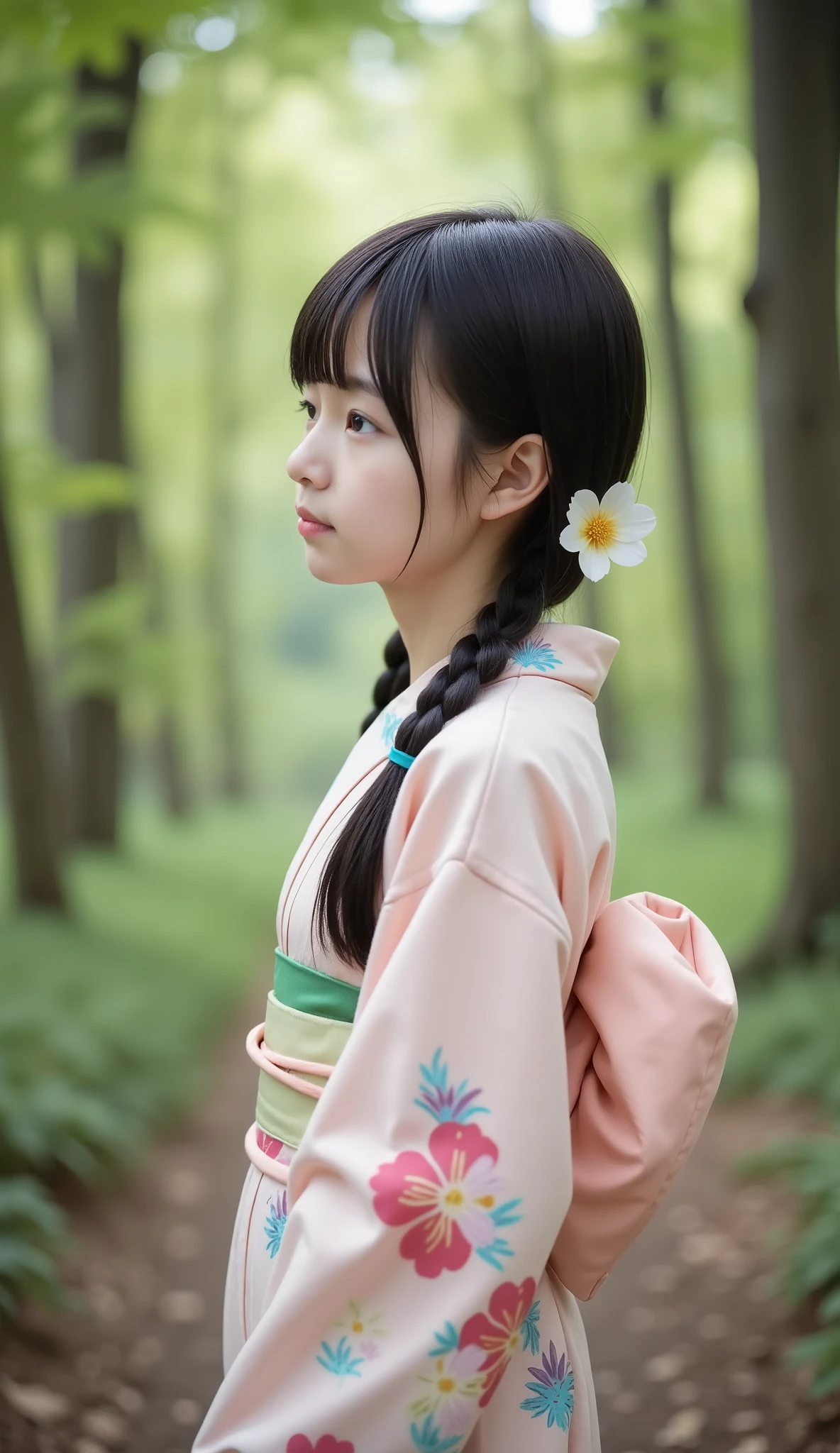 (8k), (best quality), RAW photo, (photo realistic:1.4), very detailed, very cute Japanese girl,(very thin), (Profile of a very short high school girl), ((braids)) , flower hair ornament,  Sad Smile , ((standing in the woods wearing a pastel kimono with a beautiful floral pattern)),  Perspective, The tree in the foreground is blurry