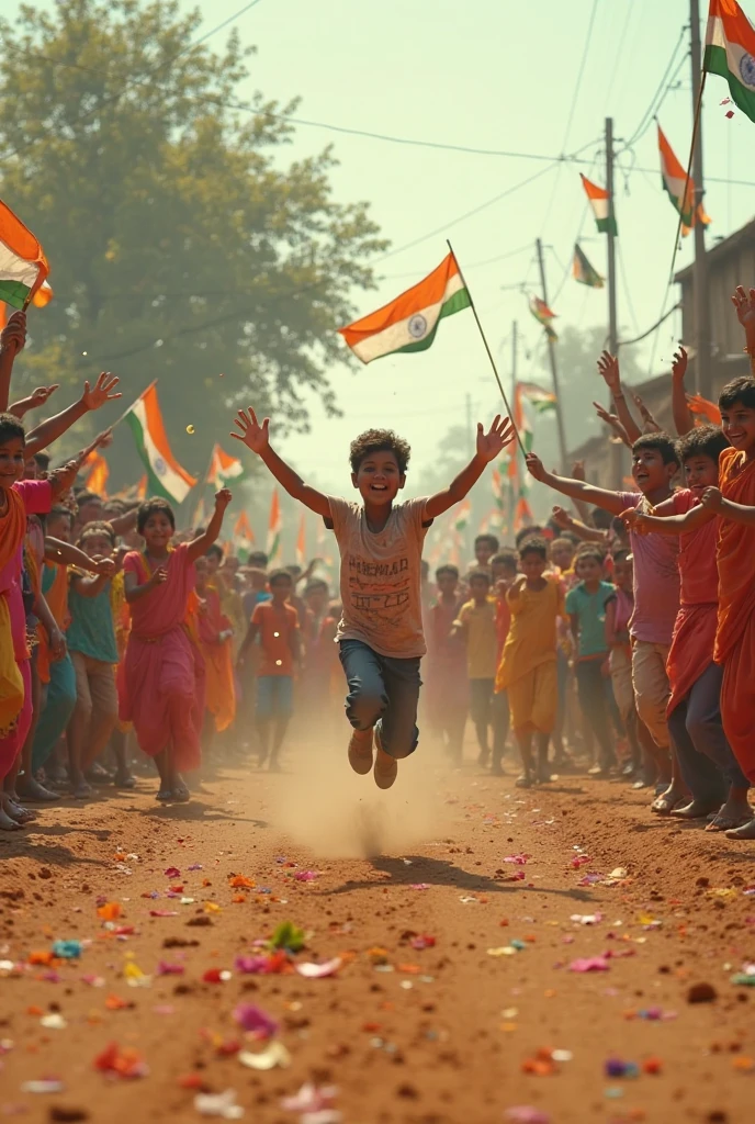 real 20-year-old boy joyfully celebrates Indian Independence Day. He is wearing traditional Indian outfts with the name "Sarif" written on
his attire. Above him, in the sky, the words "Happy Independence Day" are displayed in a bold font. The backdrop is flled with people
celebrating, enhancing the festive and patriotic spirit of the day.