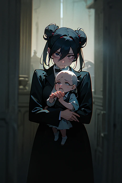 Japanese Yokai「Birds of Capture(Ubume)」Please draw。The era is the Edo period。Birds of Captureは、A ghost of a woman with long black hair that appears at night.、The image shows her breastfeeding her baby while getting wet in the rain.。She has a pale and sad face、Wearing white funeral clothes。hair is long and messy。Set the background as a dark and spooky forest and an old abandoned shrine。Create an overall sad and mysterious atmosphere.。
