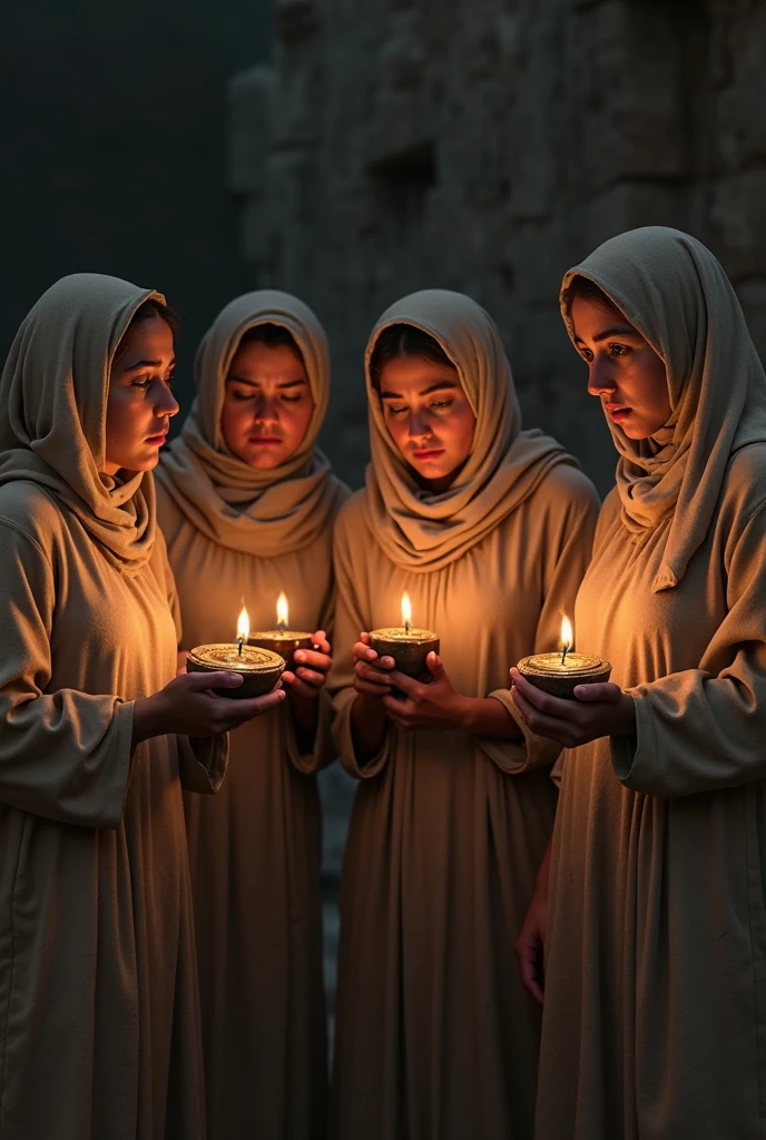 a group of 5 women holding lit candles in their hands, , beautiful depiction, pintura religiosa, noite escura, meia noite, lua cheia, clear sky without clouds, sombras detalhadas, vestidos detalhados, cabelos detalhados, ultra qualidade, obra de arte, ultra realista, 8k, cena tranquila