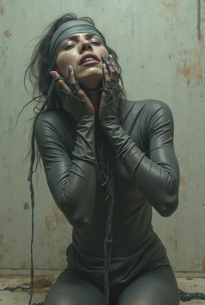 Female Pinhead from Hellraiser, perfect body, full body shot, skin-tight BDSM bodysuit, chains, black leather, sexy look, small breasts, flat chest, ((screaming)), ((mouth wide opened)), eyes closed, slim, thin waist, thin thighs, thin arms, lots of bloody piercing, scorched skin, blood, bruised, inferno, hell, extrem pain