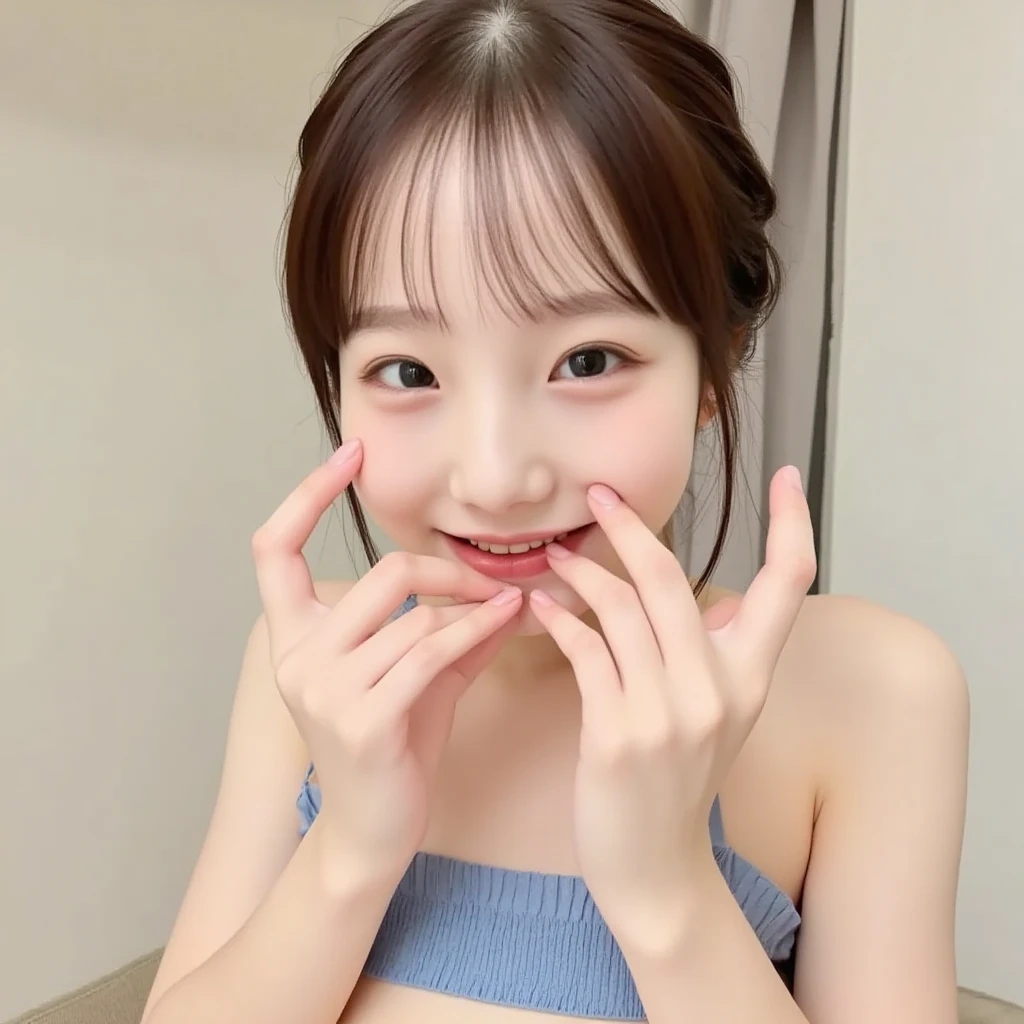8K, masutepiece, Beautiful Model Girl, 38 years, (((adorable girl))), skinny, thin waist, (flat-chest), heart shape face, ((smile showing teeth)),  Big eyes, eye make up, eye line, ((Swimsuit)), (((light braided hair))),  (hair ponytail),, Cute angular face, very excited, Thin body, skinny body, Small chest, , relaxed on bed, laying on stomach, , Playful, Big smile,  ((Small chest)), Full body, (((Top-down camera angle of a girl looking up at the camera))),