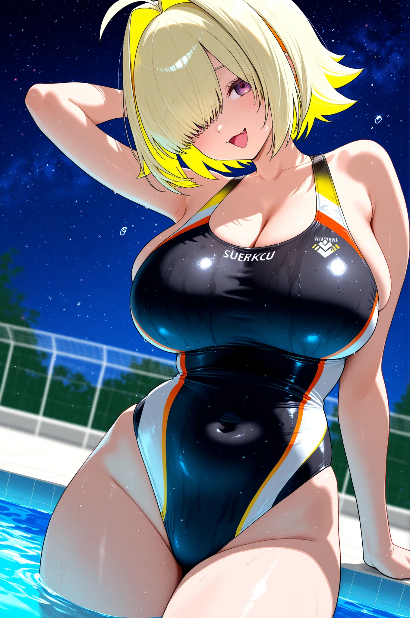 ((girl, alone, swimsuit, big breasts, tanned skin, flushed cheeks, blonde hair, blonde, bob cut, bobbed hair, exposed ))