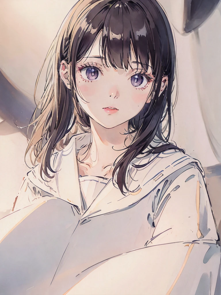 a sailor suit、A dark-haired、Light color、Soft lighting、a pale、Bangs on the eyes、Photo Studio、泣き顔、涙