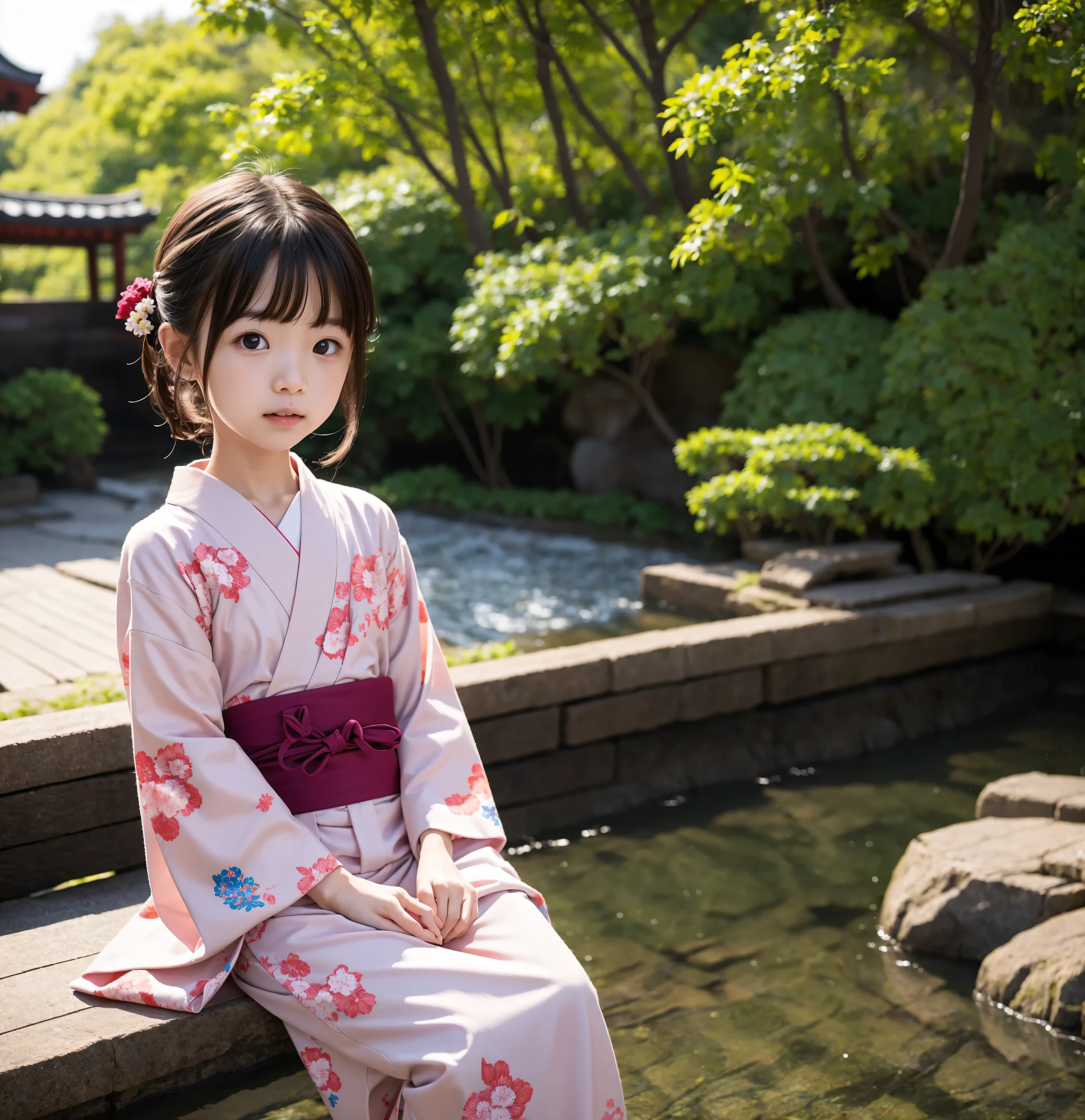 Cute little girl, squatting on the grass, big eyes, happy, holding dandelion in hand, blowing dandelion, classical style, 2.5D CG art, Chinese style, ink style, line drawing, dandelion flying in the air, wildflowers blooming on the grass, Hanfu little girl