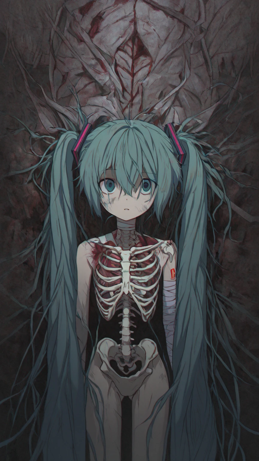 dark theme, bacterial, 1girl, red eyes, colored sclera, green hair, long hair, twintails, necktie, ribs, bone, spine, (solo: 1.1), <lora:bacterial_contamination-10:1>, <lora:LowRA:0.8>