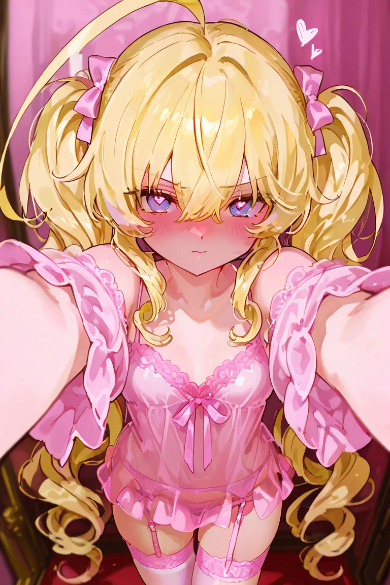 (finely detailed beautiful eyes:1.2), (best quality, masterpiece:1.2), ultra detailed, 1girl, Beatrice, \(Re:Zero\), beatrice, blonde hair, blue eyes, (butterfly-shaped pupils:1.2), drill hair, long hair, parted bangs, (forehead:1.5), symbol-shaped pupils, twin drills, sidelocks, mini crown, small breasts, lips, naked, ((black panties, bra)), standing, (looking at viewer), (front view), (((bedroom))),