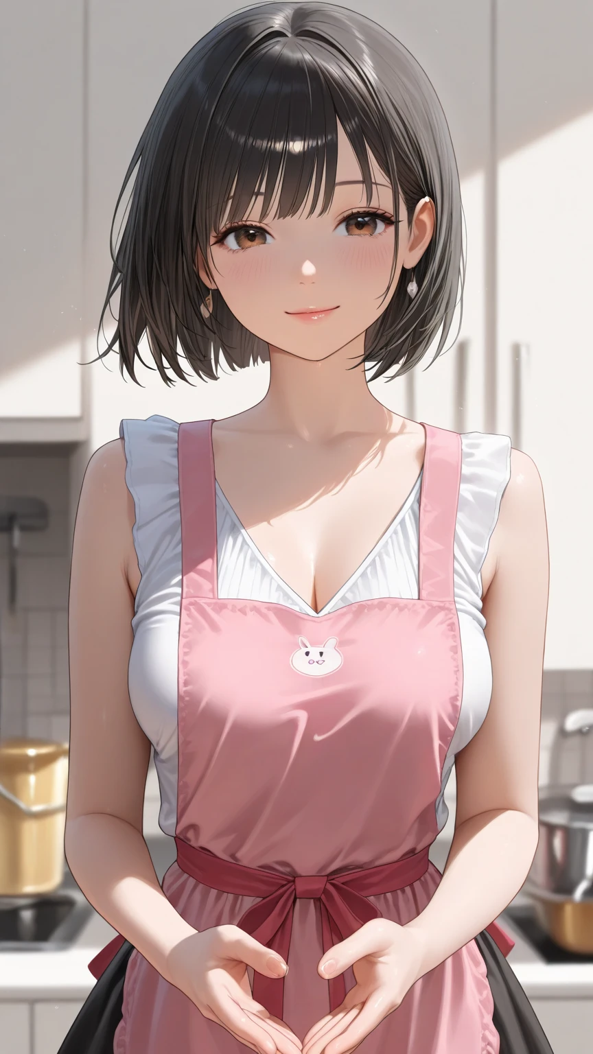 ((Masterpiece, top quality, high resolution)), ((highly detailed CG unified 8K wallpaper)), (huge stunning goddess shot, so hot and sexy, jaw dropping beauty, perfect proportions, beautiful body, slim body beauty:1.3), Food stall, kitchen car, two female waitresses wearing black aprons selling crepes, short hair, smiling, queue, looking from behind,