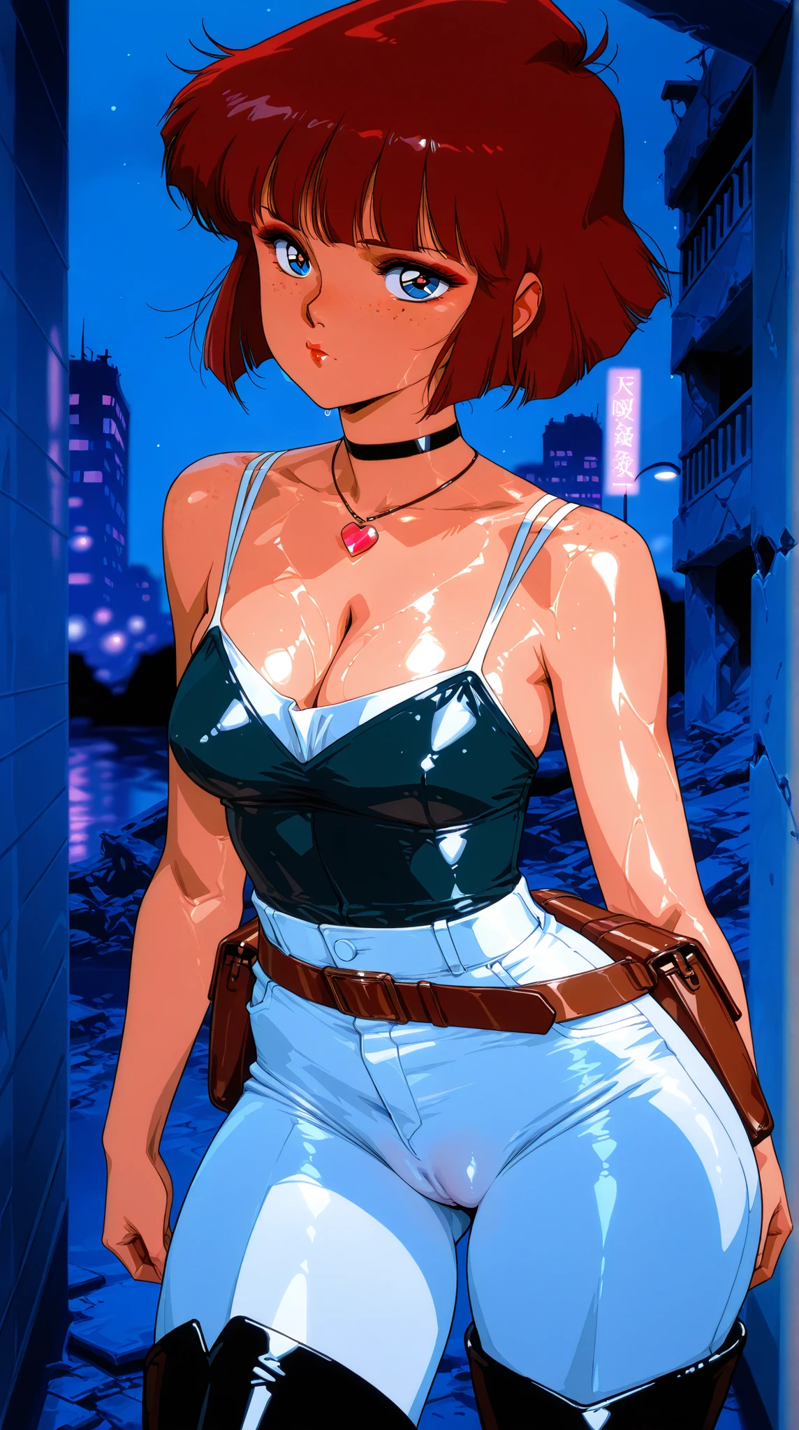 mizukito, 1girl, tan, solo, earrings, orange hoodie, sleeveless, belt, grey shorts, sideboob, retro artstyle, <lora:mizukito_V2-10:0.7>