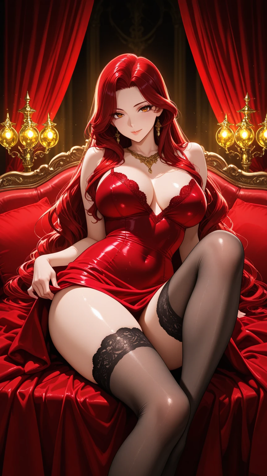 .21 year old woman , Long straight red hair, bright and expressive blue eyes, she opted for an elegant black dress. service, busty. comic style. She is sitting on the sofa in an imposing and sexy pose, your legs are open and your panties are showing, she only wears white panties and high heels.