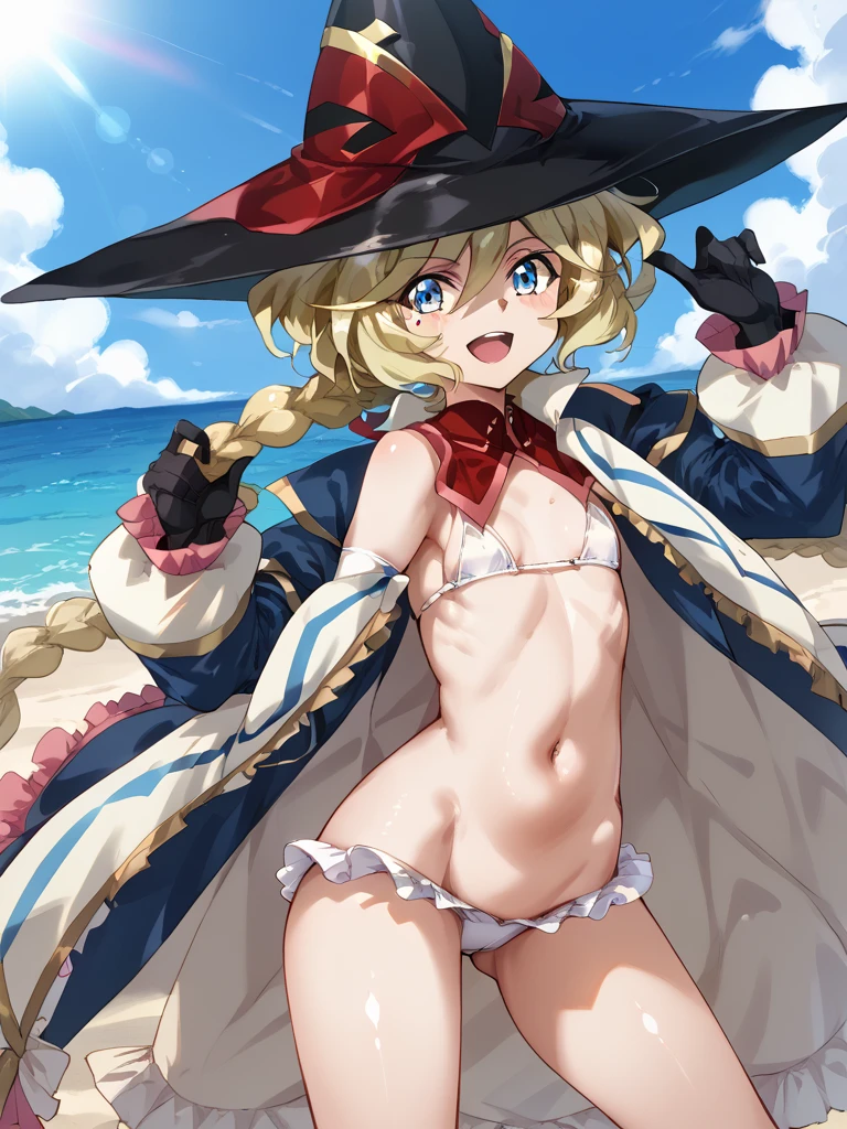 (best quality,4k,8k,highres,masterpiece:1.2),ultra-detailed,(Realistic, highres, detailed:1.2), busty girl, squatting, bikini, vibrant colors, beach setting, sunny day, golden sunlight, sparkling water, sandy shore, tropical atmosphere, palm trees, gentle breeze, smiling face, clear blue sky, playful pose, confident expression, curvaceous figure, smooth skin, long flowing hair, alluring gaze, captivating eyes, graceful posture, sensual charm, inviting lips, natural beauty, summer vibes.