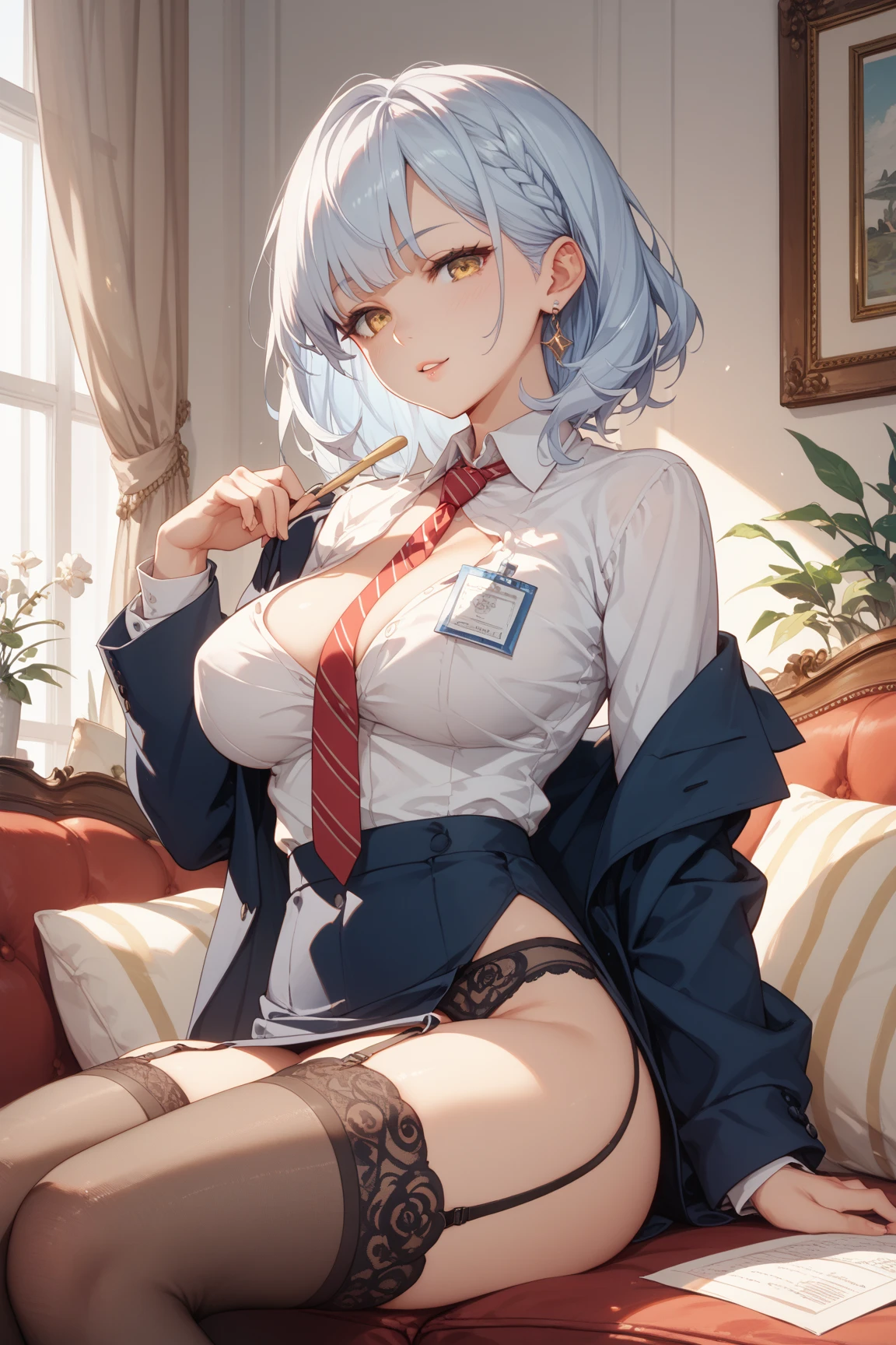 Masterpiece, best quality, 4K, ((8K)), extremely detailed, Long legs, short hair hair, white hair, depth of field, blurred background, thong, school uniform, (big breasts), (cleavage), vaginal fissure, ((lace pajamas)), sexy, ((nsfw)), 16 years old, cute, ((kawaii))