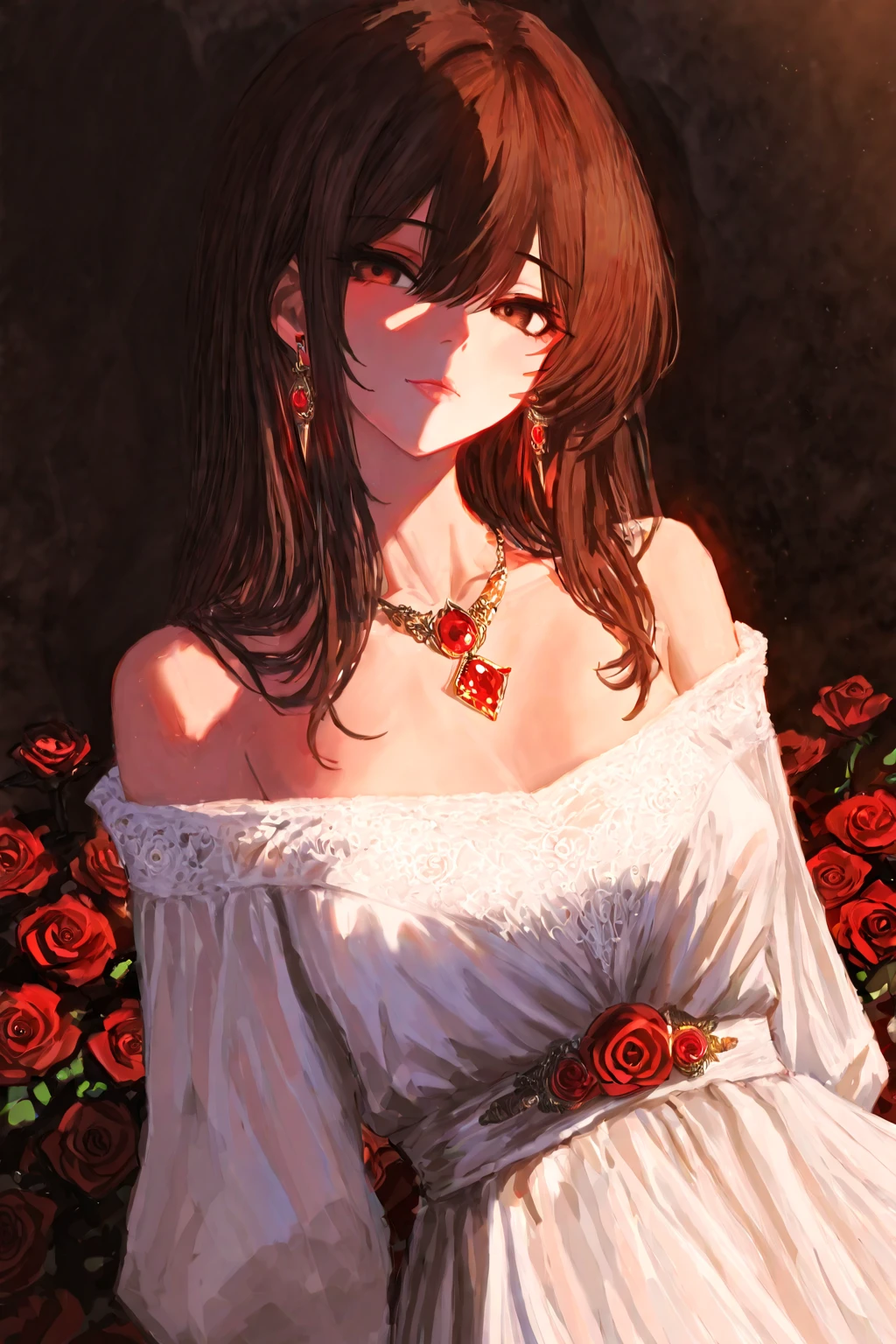 (Extremely detailed CG unit 8k wallpaper, masterpiece, best quality, Super detailed), (Optimal lighting, The best shadow), 45-year-old Spanish woman, Mature, square face, Necklace with a red rose on the neck, Wearing a black lace dress with red, Gold earrings, like maria padilla (maria padilla) Such characteristics, (Very delicate skin: 1.2), Medium brown with light emitted