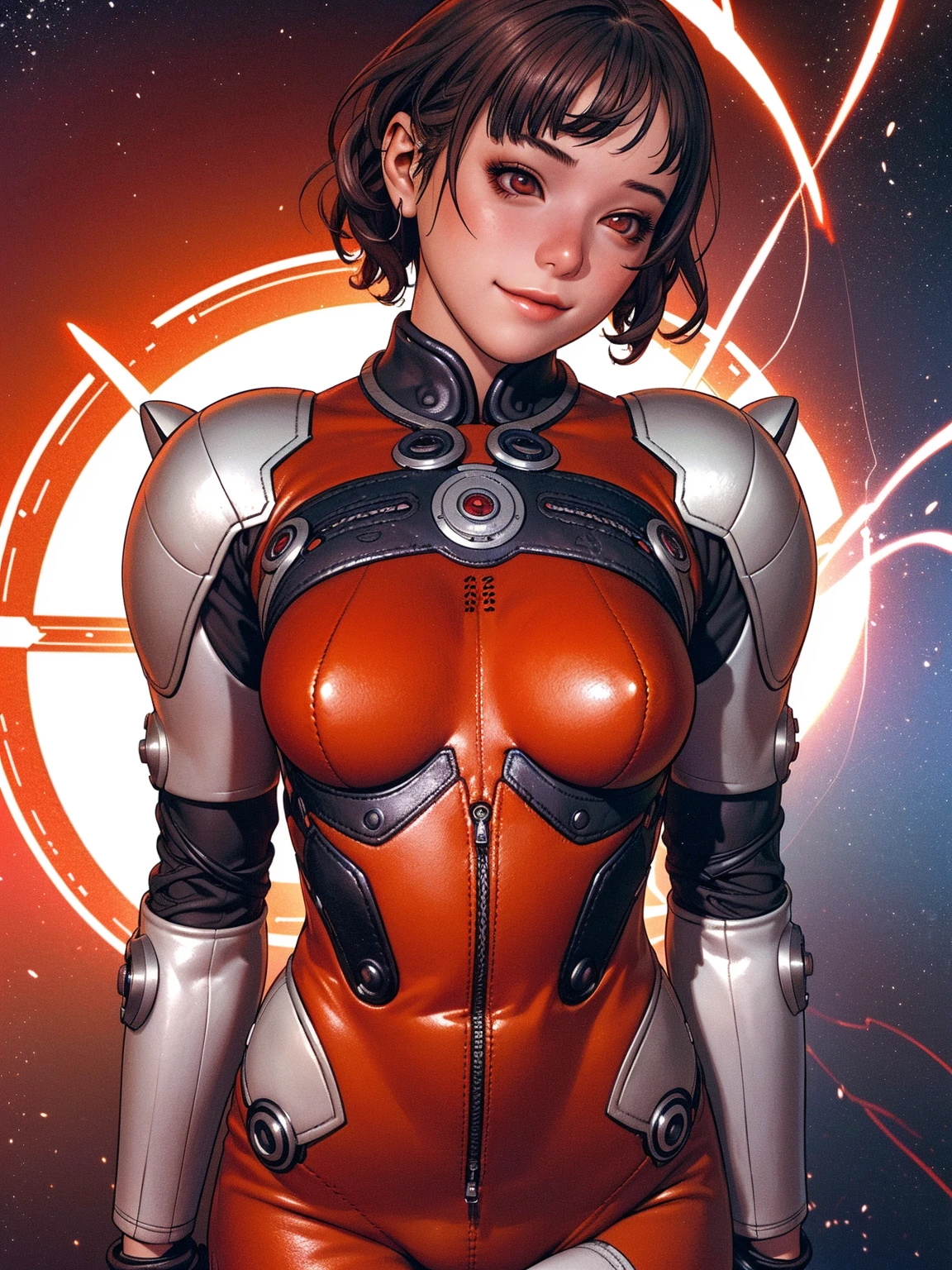 ((best qualityer)), (((flash outfit))), (((slim))), (Muscles), (((red suit))), (((flash sexy))), ((Perfect masterpiece)), (detailded: 1.4), (absurdrez), (((red mask))), (((full body fitness, flash symbol)), (((short hair woman, blushful))), 21 year old woman, beautiful sexy woman, giant robot pilot, wild with perfect corpo fitness, wearing small mecha battle armor clothes, tiny thong, Shonen manga style, clothing with Japanese cyberpunk graphic patterns, Halftone pattern and vertical stripes, earth tone, exiting the body of a giant robot, (((cowboy shot)))