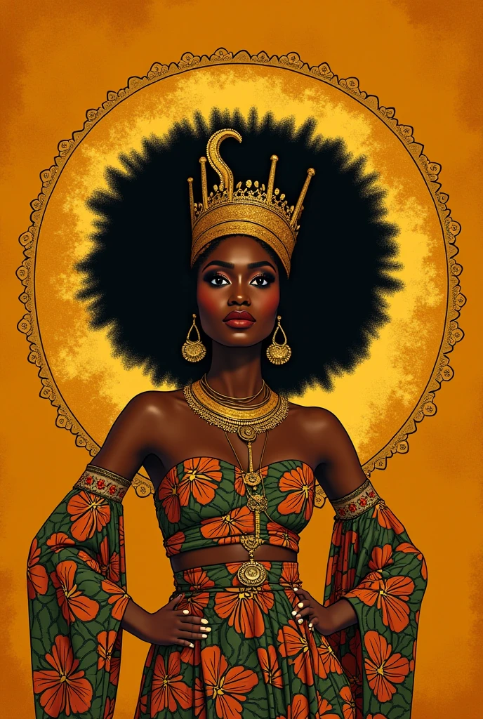 Mujer negra con peinado afro,y una corona de reina, sitting with her hands in front of her head in a praying position, con sus brazos apoyaros en sus rodillas. No puede verse su cara, solo su gran cabello afro. Femenina. Altos detalles en los rizos de su cabello afro. Su cuerpo y piel son hermosos, ella es delgada