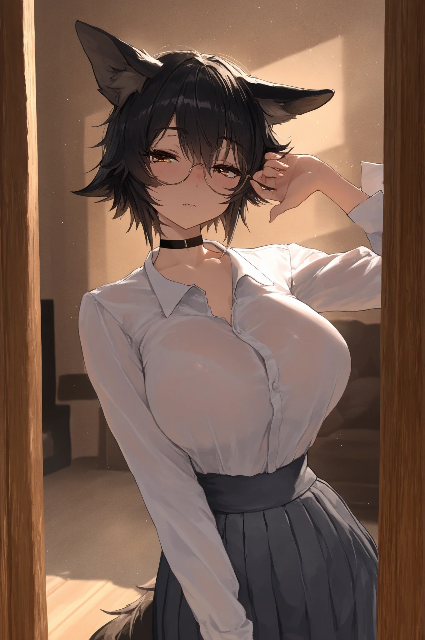 Tabletop, Beautiful details growing, Solo blush brown bob hair woman, Green Eyes:1.5, Glasses, Sweaty skin, Put your index finger over your mouth, At work.