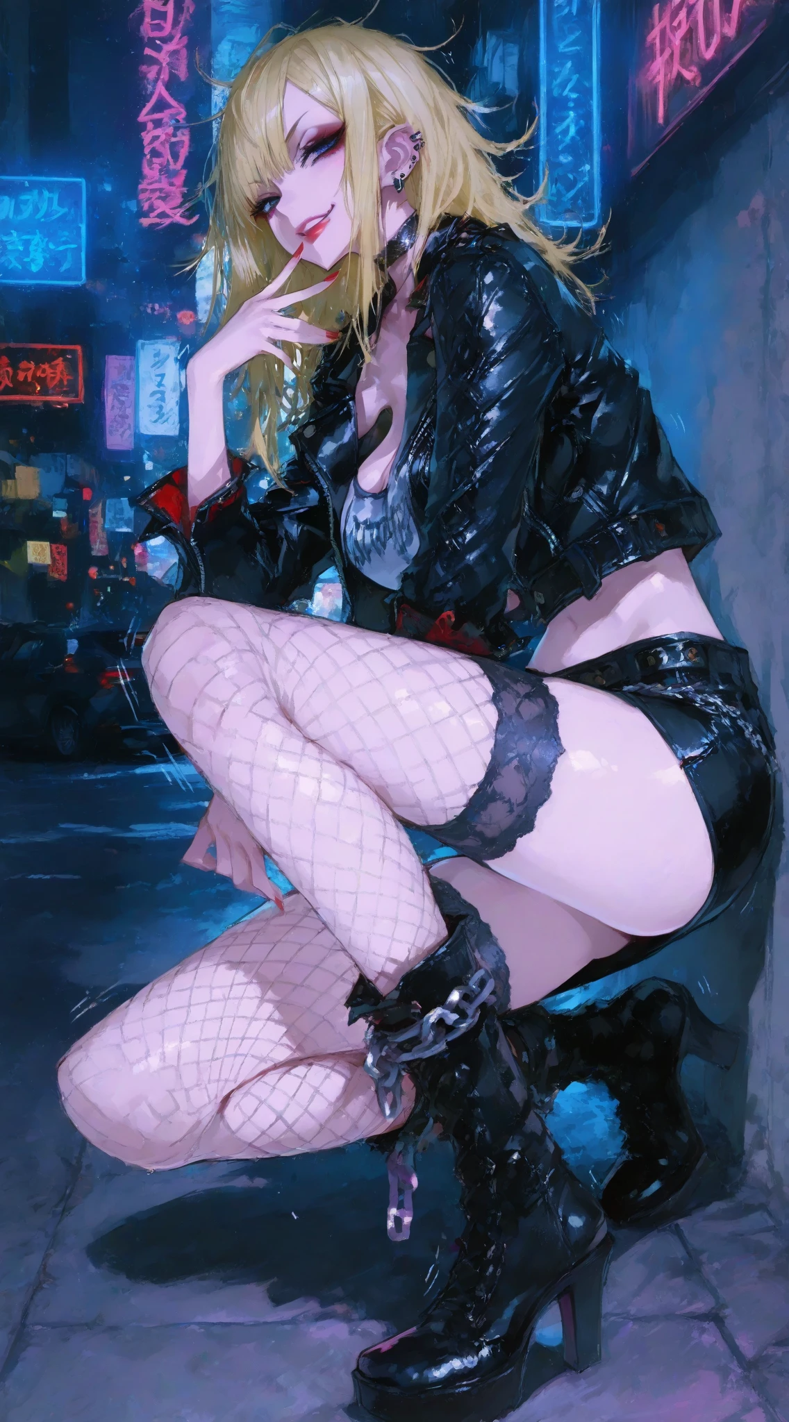 ((masterpiece anime illustration)), ((Very delicate and beautiful cybernetic girl)), ((very detailed顔)), ((mechanical limbs, mechanical vertebra)), ((cervical vertebrae mechanically attached to the neck)), (wires and cables connected to the neck:1.2), ((The mass of wires and cables on the head)), ((wearing colorful Harajuku tech jacket with logo)),  (masterpiece), (((highest quality))), ((super detailed)), (very detailedフォトリアリスティックなCGイラスト), cinematic lighting, SF, very detailed,colorful,best detail, (((cyberpunk city background, (blade runner), Harajuku area))), NSFW、highest quality、highest resolution、Draw details、delicate depiction、Natural light、radio city、global illumination、motion blur、anti-aliasing、ray tracing、Violent、sensual、fear、chaos、pleading、Lewd、obscene、gang rape、shame、conversion、orgy、Blowjob、deep throat、Inserted into the genitals、Crowded shopping centers、Surrounded by multiple people、detailed background、Chest rubbing、Vigorously shaking udder、Squirting、Love juice dripping all over the body、、stand erect、Spraying urine、Drool、explain the whole body、clear white skin、、skinny、photographed from a distance、bondage fashion、bondage、Fishnet tights、delicately drawn face、Contrasting faces、well-groomed face、、thin and thin eyebrows、rounded jaws、big mouth、Ahegao、facial 、juice、Natural luster、Accurate peace sign with both hands、depiction that is faithful to reality、Fashion Model Body Type、blonde colored hair、cyberpunk edge liner、cyberpunk city、rainbow colored costume、Rainbow colored eyes、Squat down and spread your legs、LifeStrangeRachel