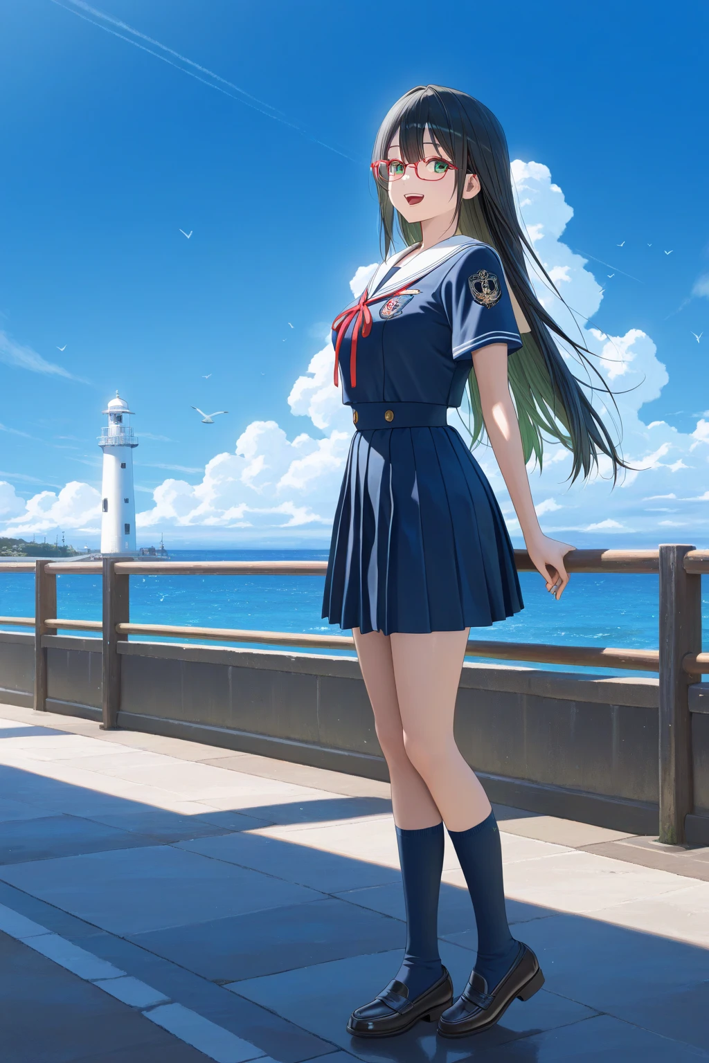 ((最high quality, 8K, masterpiece: 1.3, Ultra HD, high quality, 最high quality, High resolution, realism)) 、Very beautiful 18 year old Japanese schoolgirl、I'm wearing a sailor suit、Wearing a navy blue pleated skirt、Wear loafers、Hair  is light brown、black eye、Medium Hair、Straight hair、smile、sit on a high breakwater on the beach、The blue sky is beautiful、There is a road in front of the breakwater..、The sea is beautiful、Beautiful horizon、 An island is visible offshore、Entering the clouds above the horizon、Island Lighthouse