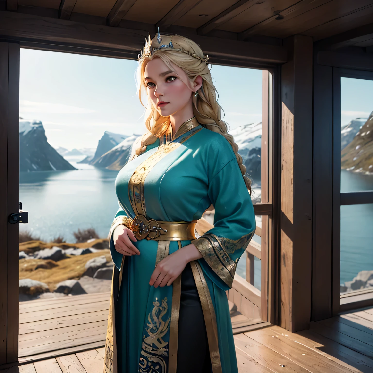 ((blurred background)) blonde, elf, blue dress, white skirt, European and American, forest, Disney, white long skirt with gold trim, golden decoration, girl, princess, The legend of zelda, rock, eyes, flowing hair, delicate hair, Nordic style, windblown hair, coiled hair, small braid, (distant mountains), Alps, meadows, sit down and hold elves