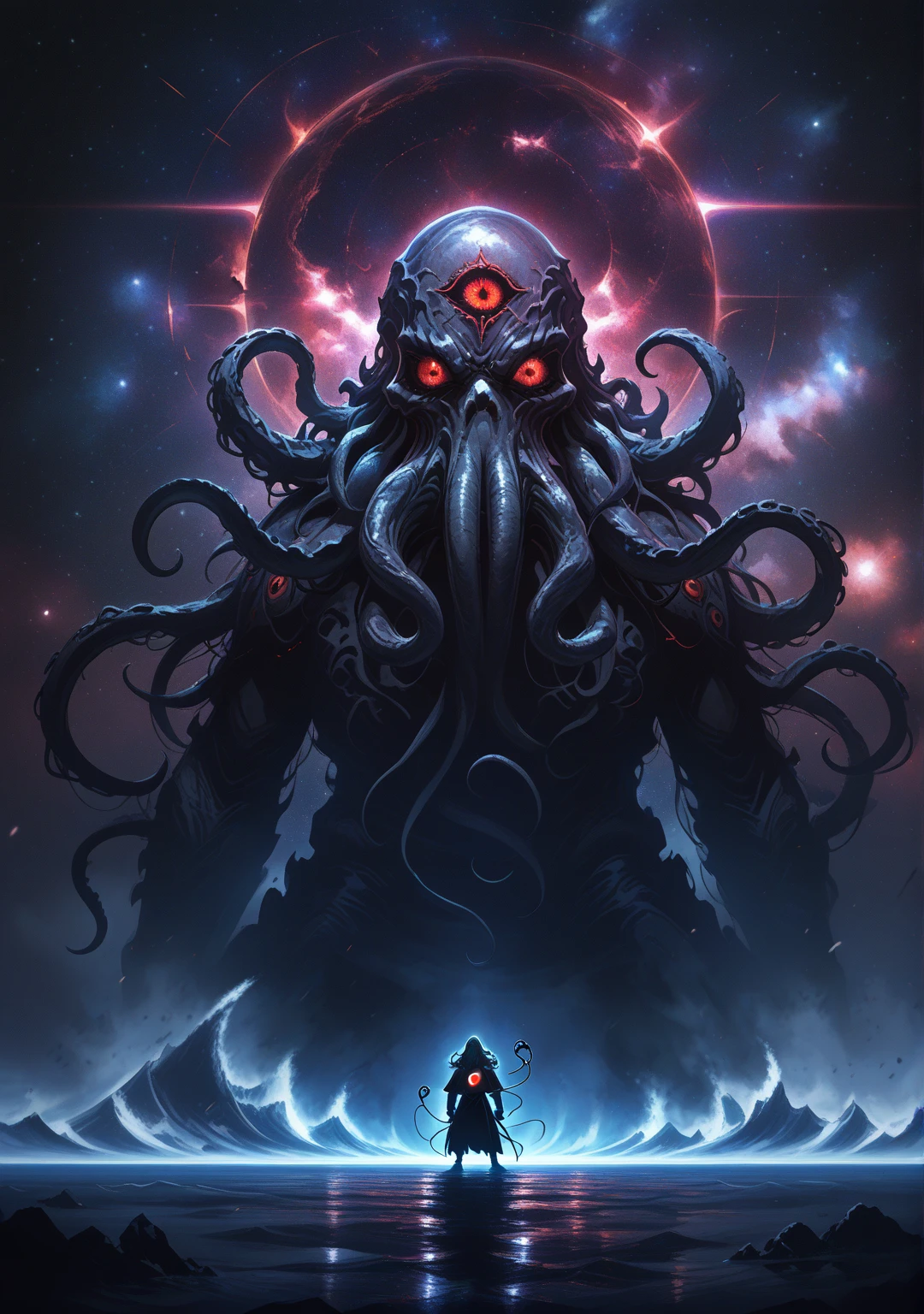 ((masterpiece, highest quality, Highest image quality, High resolution, photorealistic, Raw photo, 8K)), (people taking pictures of a giant creature with their cell phones), Giant female creature, big breasts, big butt, huge tentacles, lovecraftian background, lovecraftian atmosphere, giant cthulhu, huge creature, gigantic cthulhu, giant ethereal creature, eldritch being, lovecraftian monster, giant tentacles, an ominous fantasy illustration, looming creature with a long, nyarlathotep, lovecraftian landscape, 