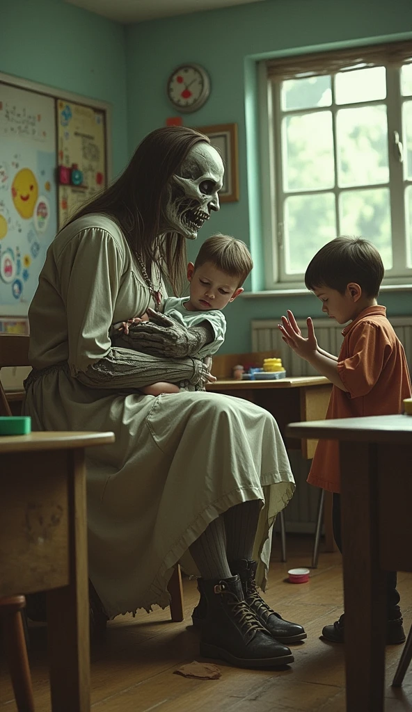 create a creature that looks like a horrifying woman slowly rising, with big nails, revealing his deformed face with his mouth sewn shut and sunken eyes in an old abandoned house attacking three young boys