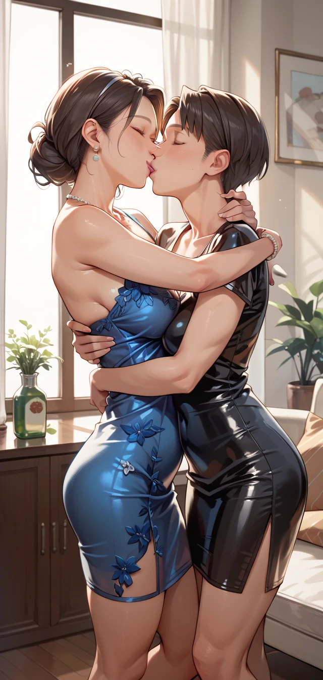 Anime - style illustration of two women kissing in a café, Japan goddess，Beautiful and moving，two women in dresses standing next to each other in front of a tv, pov, two girls, annoying sister vibes, lesbians, cute girls, gen z, looking this way, pov shot, two models in the frame, sisters, hd, they are very serious, lesbian, multiple, 2 sisters look into the mirror, serious faces, photo shoot, kissing each other in mouth, tongue, saliva, smirking lustful smile, girlfriends kiss, love, steam
