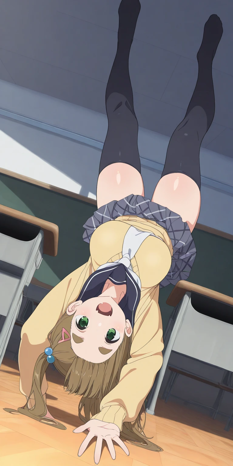 1girl, blue school outfit, printed panties, hanging up, surprised, green eyes, brown hair, forest background, (bitten in the ass by wolf)