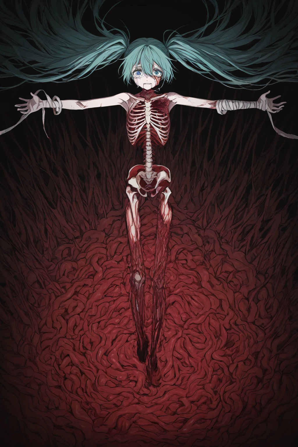 japanese line art ,woman with exposed rib cage and flesh missing over eye, vines growing out of chest sprouting eyes, , dark ambiance , dripping blood, skeletal figures, gore, (aged black background:1.2) , weathered canvas and brushstroke , (intricate eyeball pattern background:1) , in the style of takato yamamoto<lora:Takato_Yamamoto_Style:1><lora:Takato_Yamamoto_Style:1>