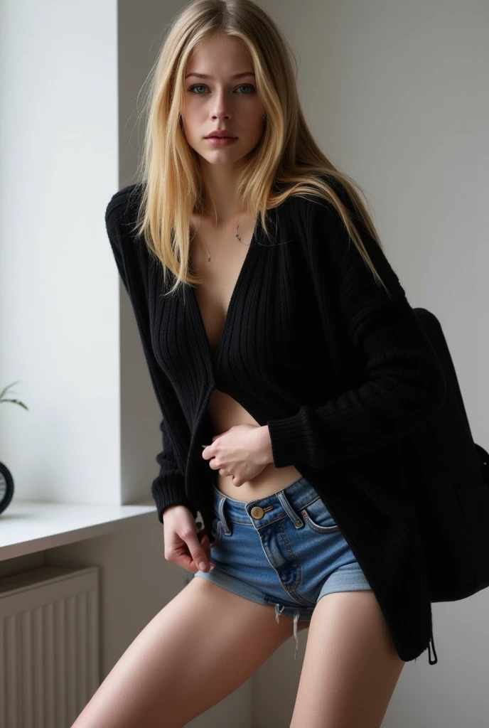 1girl 13 year old, solo, long hair, small breasts, looking at viewer, blonde hair, bare shoulders, brown eyes, jewelry, full body, necklace, off shoulder, sweater, lips, realistic, nose, flirting with camera