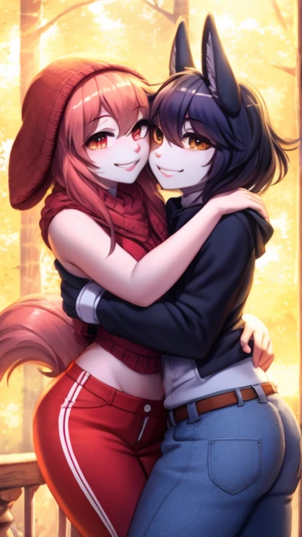 (Masterpiece) (High Detail) (High Res) A short humanoid girl with pale human skin and blue eyes and long blue hair and blue dog ears and a fluffy blue dog tail and average breasts. She is stood in the park wearing a large oversized hoodie and small denim shorts. She is kissing a taller girl with black hair and black dog ears and a thick black fluffy tail and is wearing a skirt and nothing else.