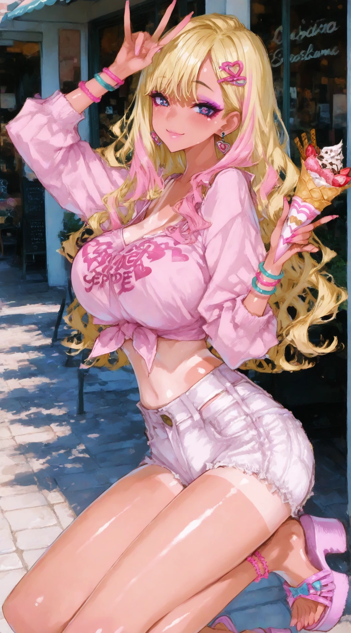 blush, A shining smile, Natural light, masterpiece, Glowing Skin, Juicy lips , ,sexy, hot, , Cleavage, evil,Juicy lips, Slut, hourglass, Blonde, Big eyes, Green Eyes, Large scale , Dim lighting, Long Hair, Pink ribbon, oversized jumper, Platform shoes, Ribbon in hair, Golden round glasses, sandy Blonde, Slut, cute, fluffy white fur, shopping, shopping bags, white fluffy fur, evil smile, No hair on the forehead, No fringe, Juicy lips, cowboy shot, Squatting cowgirl