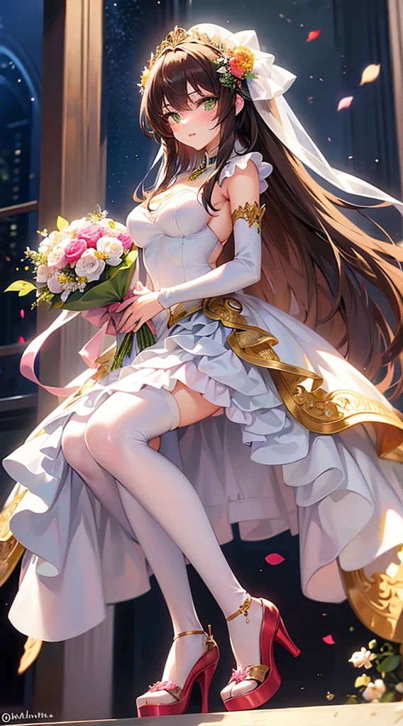 ((32k)), ((best quality)), ((ultra high res)), ((HDR)), ((UHD)), ((extremely detailed CG)), ((unity 32k wallpaper)), 1girl, solo, long hair, looking at viewer, smile, large breasts, simple background, hair ornament, thighhighs, gloves, dress, holding, cleavage, bare shoulders, standing, full body, yellow eyes, weapon, flower, sword, hair flower, holding weapon, white dress, high heels, white thighhighs, petals, rose, pink flower, bouquet, wedding dress, pink rose,