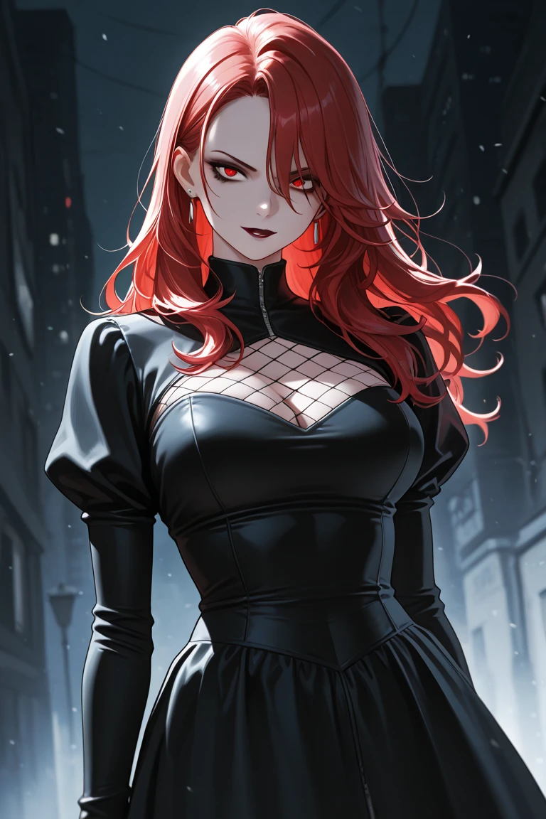 realistic, 1 girl, redhead, blue eyes, bright eyes, black skirt, thigh-high black stockings, warm smile, cross necklace, tattooed, blushing, night, gothic