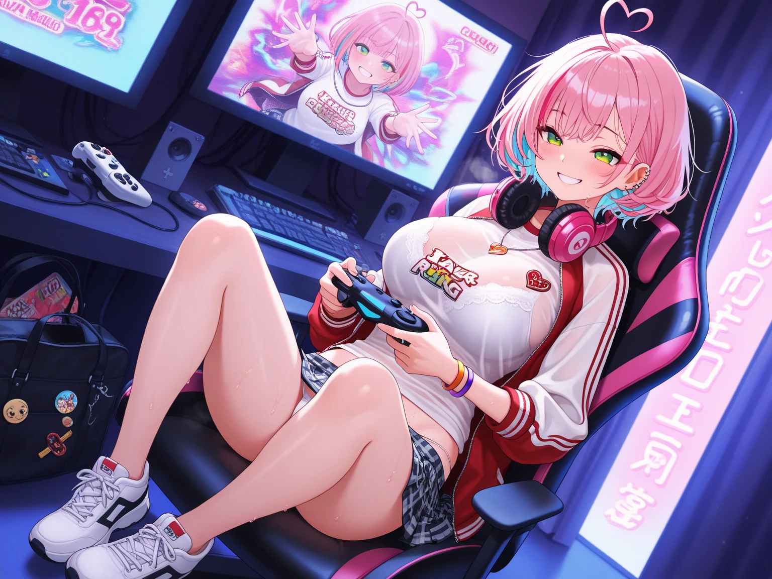 masterpiece, highly detailed, 8k, night time, neon gaming cave, adorable short haired American gamer girl sitting on a bean bag, cute face, holding a playstation game control, looking at the monitor, Twitch streamer, camgirl, very short skirt, fit, gorgeous, sexy, 23 year old, over the knee socks, pink hair, messy twin tails, (dynamic pose), (dynamic angle), panty shot