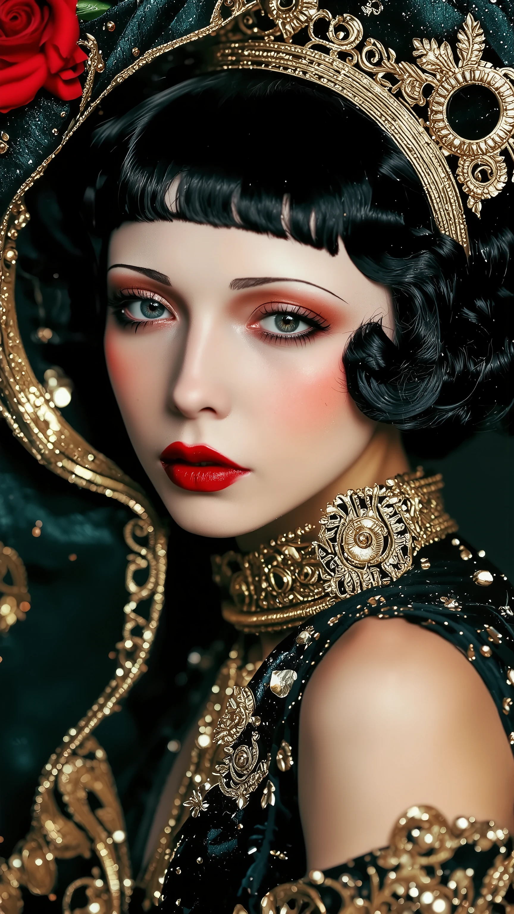 a 1920s era photograph of a female model in the style of ERA1920,burlesque,full body shot,fashion portrait,make up,sexy,beautiful face,dramatic lighting,theme color:black and red,