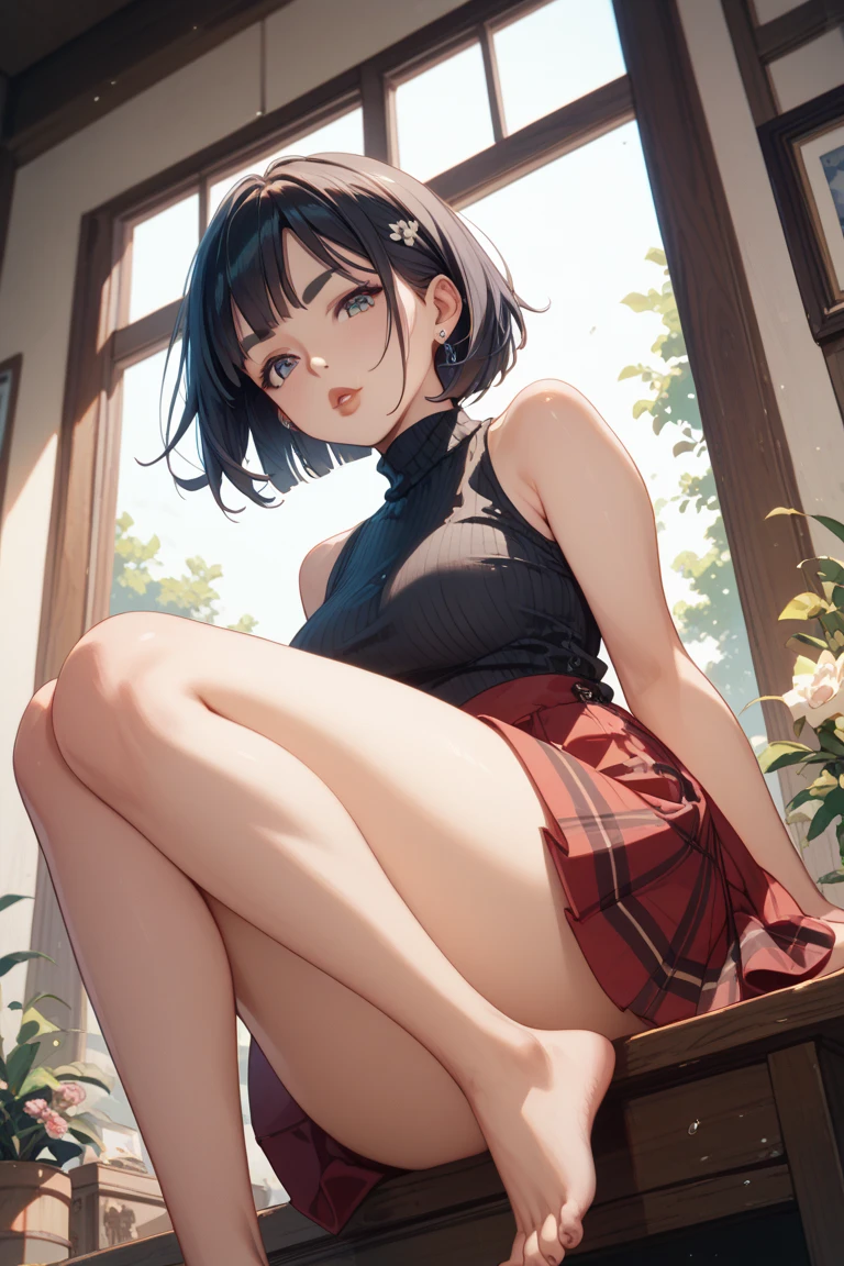 ((4k, masterpiece, highest quality)), 1 girl, anime, short hair, red eyes, medium breasts, cute, blush, Sweat,check pleated skirt, underwear, spread your legs, Thighhighs, Wet, white tank top