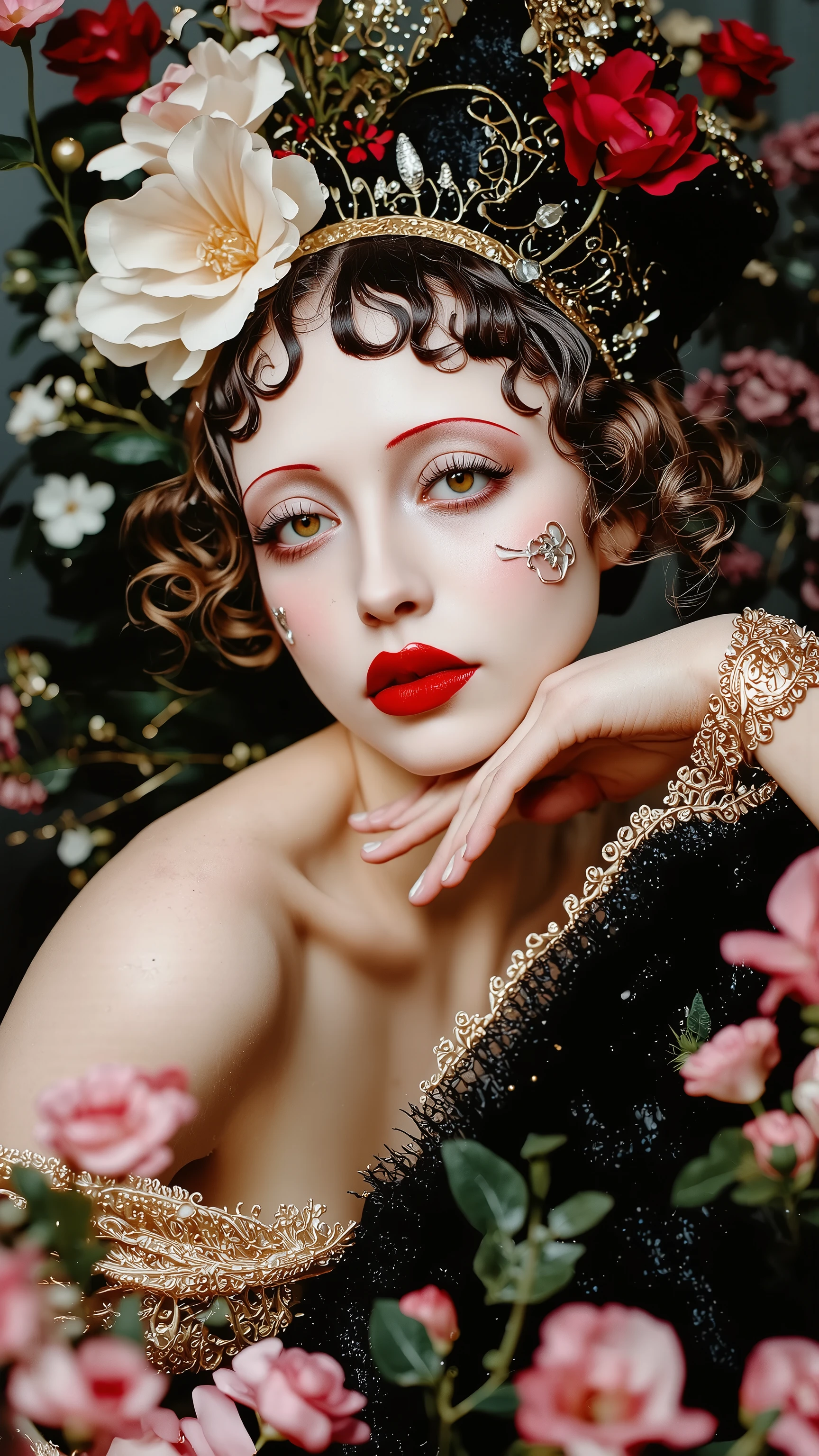 a 1920s era photograph of a female model in the style of ERA1920,burlesque,full body shot,fashion portrait,make up,sexy,beautiful face,dramatic lighting,theme color:black and red,