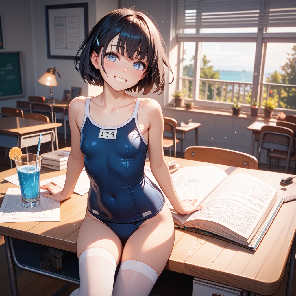 top-quality、Full limbs、complete fingers、Slender beauty、ssmile、Wearing a school swimsuit、Wear knee-high socks、darkened room、Lean forward and look at me、Put your hands on your buttocks、Raking up your hair