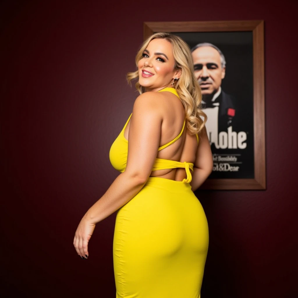 Full body shot of a beautiful blonde with a curvy body and large breasts. Vanna White. Wearing a skimpy transparent evening dress with a slit up to her upper thigh and clear high heels. Standing by the letterboard on Wheel of Fortune