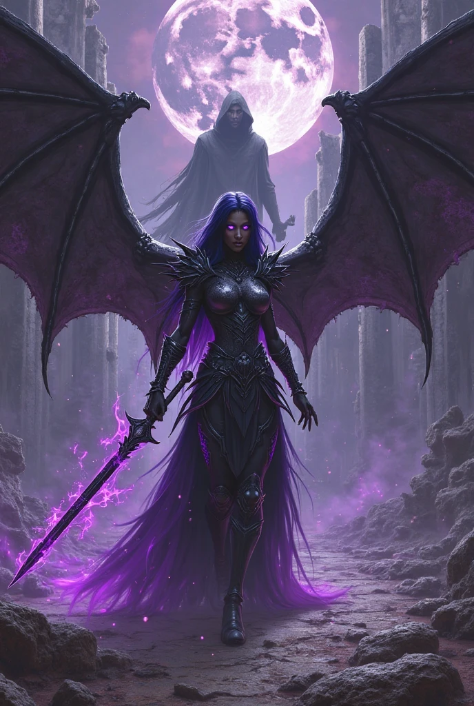 (medium full shot) of (fatal demon with black wings adorned with sinister glowing runes glowing) young woman, petite build, long white Messy hair, arabian, tan skin, glowing white eyes, wearing skull helm, Dark purple armor, segmented breastplate, metallic pants, platform boots, serrated pauldrons, wielding a venomous trident,  set in  Phantom Pathway, Twisting trail shrouded in dense fog, skeletal trees reaching towards the sky, faint whispers echoing through the mist, elusive shadows darting among the gravestones , at sunset, ,Masterpiece,best quality, photo, realistic, very aesthetic