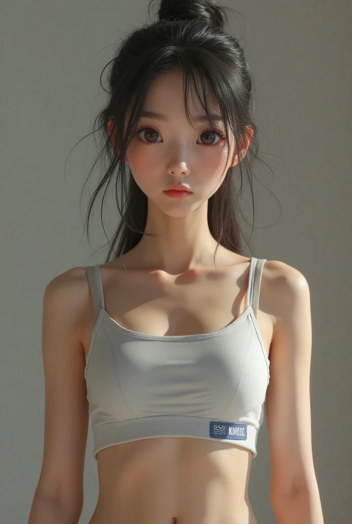 A high school girl touches her waist with hands