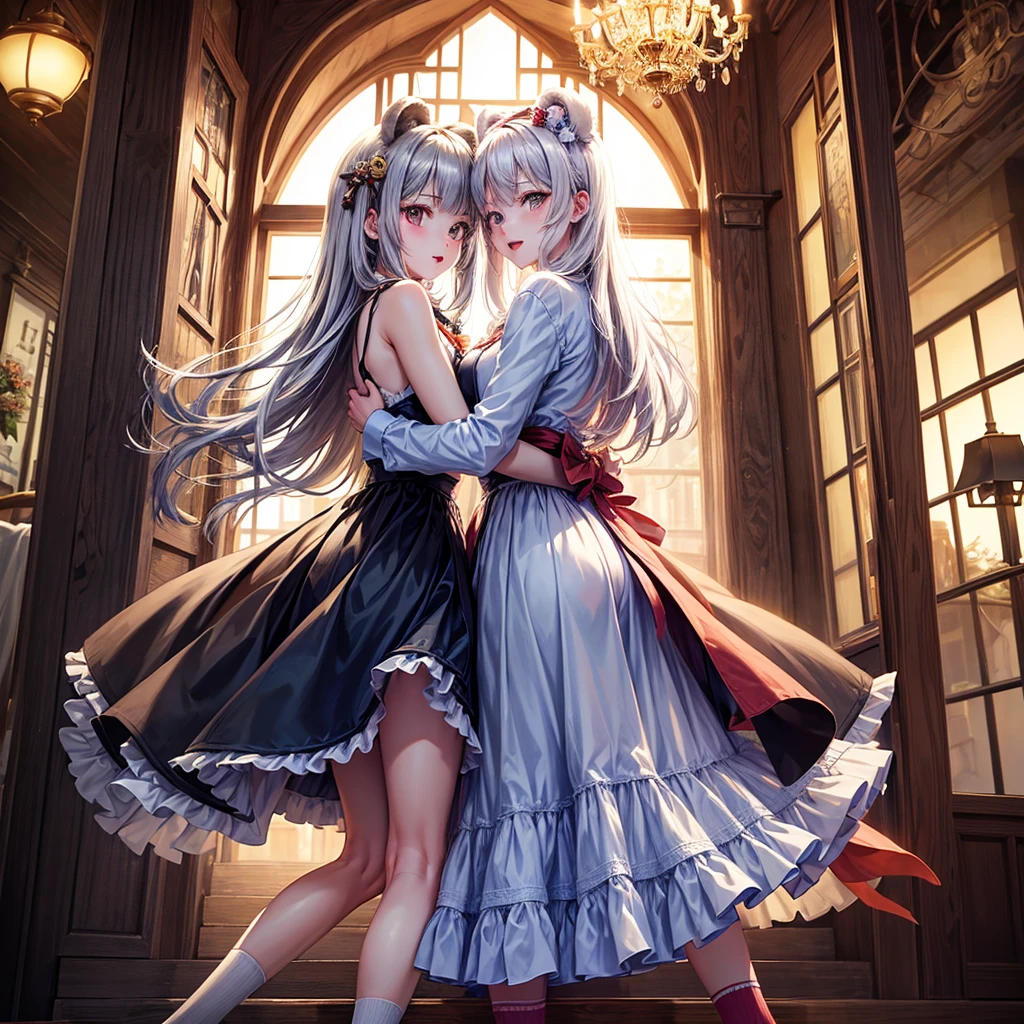 (Anime Moe Style)),((Game CG)),(masterpiece),(highest quality), (Very detailed),shape,((Very delicate and beautiful)),　,Embarrassed expression,Watching the audience,(((18-year-old female)),（Sisters lined up)((whole body)),Detailed face and eyes,Intense eyes like jewels,(Loose braid),,,(Super huge breasts,Long and saggy breasts,）　　　　Voluptuous body　Silver-haired, black-eyed and blonde-haired, black-eyed sisters　A long-sleeved, long-skirted dress made entirely of gorgeous lace. A form-fitting lace outfit. Gorgeous black, red and gold lace fabric. Princess line. Sleeveless. Gorgeous lace fabric. Ultra-mini skirt. Black knee-high socks. Both of them are kneeling and hugging each other from behind.