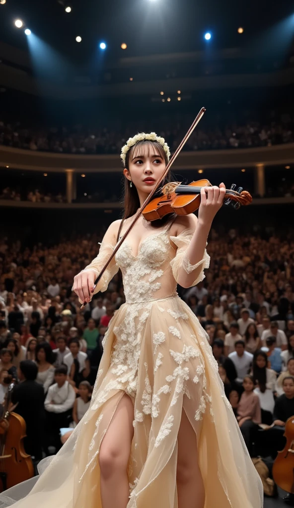 a realistic photo of a korean girl winning a violin competition