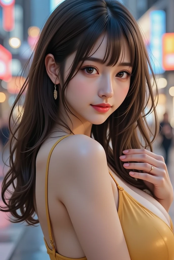 ((masterpiece)), ((best quality)), (ultra-detailed), a pretty woman, 25years old ,solo, beautiful light brown hair, long hair , ((beautiful eyes)), long brown hair, wavy hair, necklace, standing, (((gigantic natural breasts,))) gigantic breasts,(Highly quality, masterpiece, detailed), ((Realistic lighting, Best quality, 8K, Masterpiece: 1.3)), Clear focus: 1.2, 1girl, Perfect Figure: 1.4, Slim Abs: 1.1, ((Dark brown hair)), Super fine face, Fine eyes, Double eyelids, (((massive natural breasts))), (((view from the front))), (((long wavy hair blowing in the wind))), (((innocent face))), (((massive natural breasts))), (((long wavy hair blowing in the wind))), (((sexy face))), (((massive natural breasts))), (((smiling))) (((massive natural breasts))), (((massive natural breasts))), (((sexy face))), (huge-breast:1.6), Soft big、large, soft sagging breasts,,,,,,,,,,,,,,,,,,,,,,,,,,,,,,,,,,,,,,, splash detailed, surreal dramatic lighting shadow (lofi, analog), kodak film by Brandon Woelfel Ryan McGinley, (((long blond hair))) The expensiveest quality, masterpiece, formal, Horror movie-like writing、(Key Light:Front 45 degree angle, Subsidy light、Backlight、Shadow、Blue and orange color palette), Accurate human body、Someone knowledgeable、Correct five-finger、(((closeup))) (Dripping Sweat、Oilskin,Shine Skin、Realistic skin texture、Beautiful skin in every detail、Shiny skin、Shiny skin) (Mature women lined up and lined up towards your gaze:1.4), (Detailed pupil, Perfect Eyes:1.2), (Shiny clothes that reflect light and have many wrinkles:1.2), Shine, Shiny gold, (Hoop Earrings), necklace, latex, Glamorous and perfect female proportions, Captivating smile, fine surface texture, beautiful girl, Captivating woman、short hair、Black hair and bright inner color hair、expensive 、(((Big Breasts))), Big cleavage、back alley at night、Roads without lights、Dark and dirty narrow alley、gallons of 1、(knitting knit, cut out ,Solid Knit V-Neck Bodycon Sweater Knit Dress & Super Crop Top)