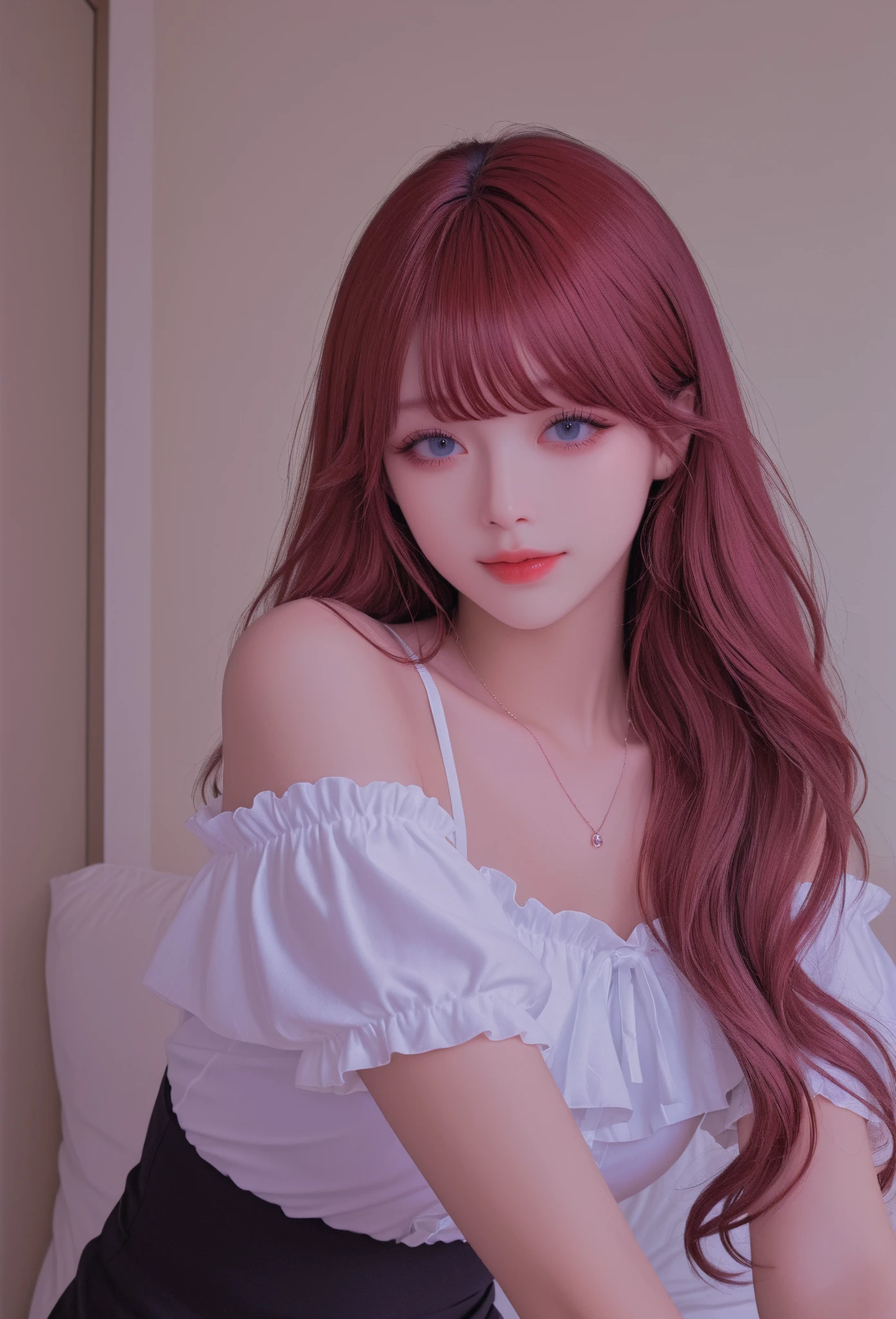 best quality, masterpiece, high_res, 1girl, hair ornament, necklace, jewelry, Beautiful face, tyndall effect, photo realistic, rim lighting, two tone lighting, (high detailed skin:1.2), 8k uhd, dslr, soft lighting, high quality, volumetric lighting, candid, Photograph, high resolution, 4k, 8k, Bokeh, medium breasts, lingerie pijamas, nipple, absurdres, shirt, long wavy hair, hair on shoulder, short fang, red hair color